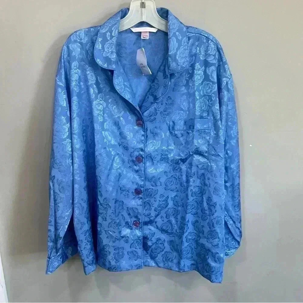 NWT VICTORIA'S SECRET BLUE SATIN BROCADE PJ Top SZ L